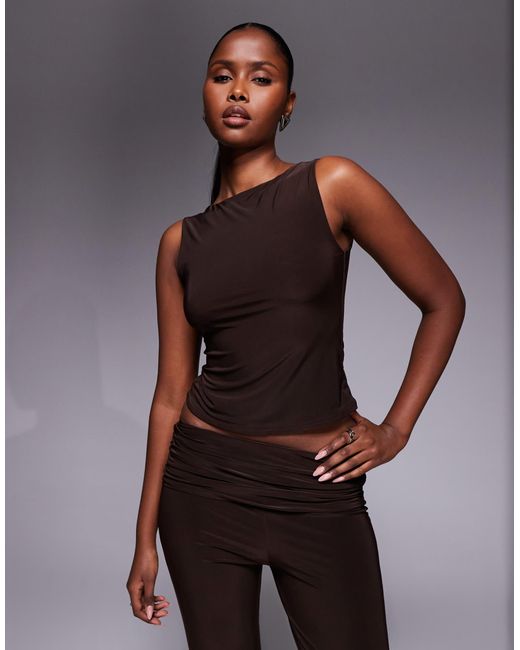 Kaiia Brown Exclusive Double Layered Slinky Slashneck Top Co-ord