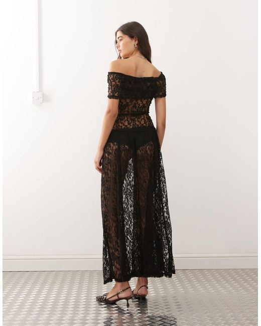 Lioness White Field Of Dreams Foldover Bardot Ruched Drop Waist Sheer Lace Maxi Dress