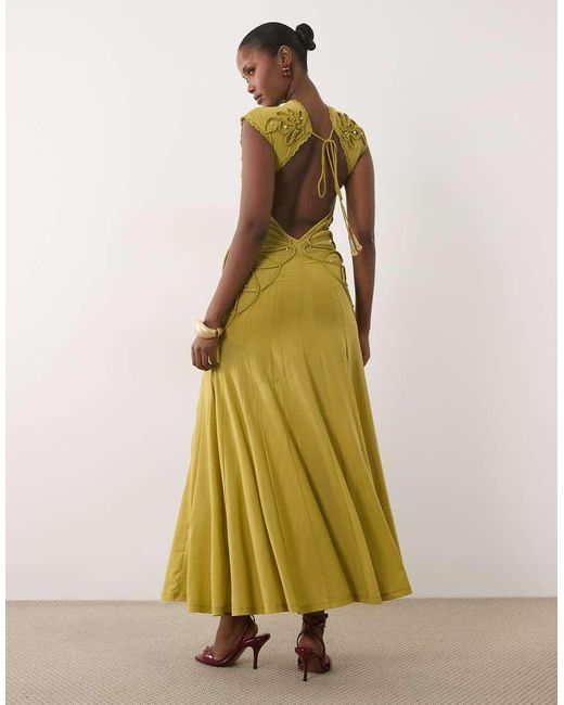 ASOS Multicolor High Neck Maxi Dress With Corded Embroidery & Scattered Pearls