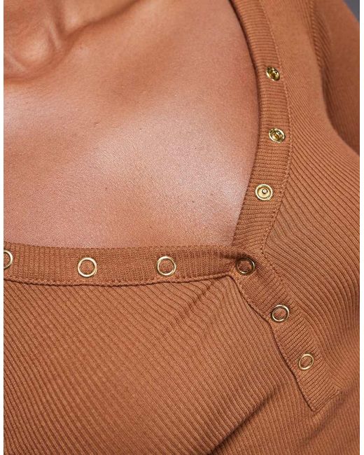 River Island Button V-Neck Ribbed Top in Blue | Lyst UK