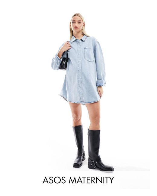Asos design maternity - robe chemise courte en jean avec poche devant - délavage ASOS en coloris Blue