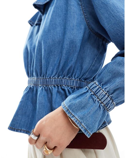 Miss Selfridge Blue Chambray Ruffle Peplum Top