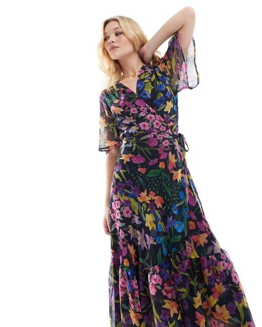Hope & Ivy Blue Flutter Sleeve Maxi Wrap Dress With Tie Waist