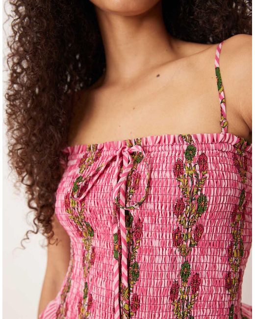 Free People Pink Ruched Ruffle Midi Dress