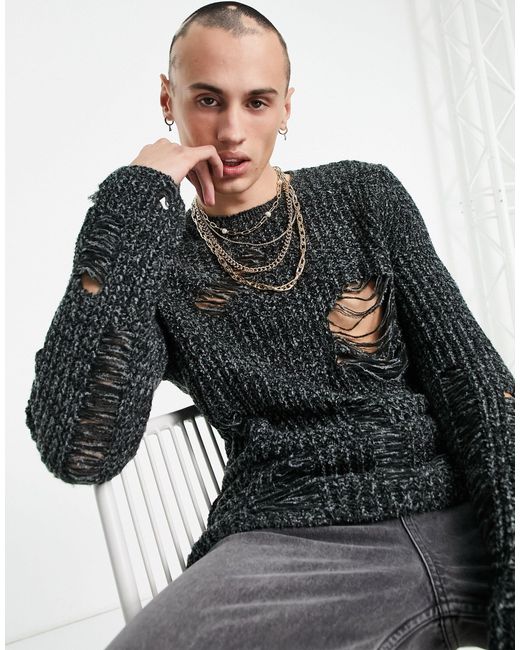 ASOS Oversized Chunky Knit Jumper With Laddering Stitch in Grey (Grey
