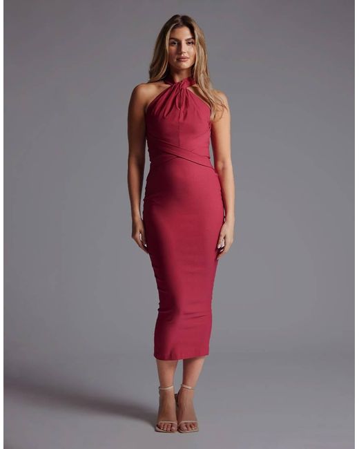 Vesper Red Halteneck Bodycon Midaxi Dress With Cross Straps