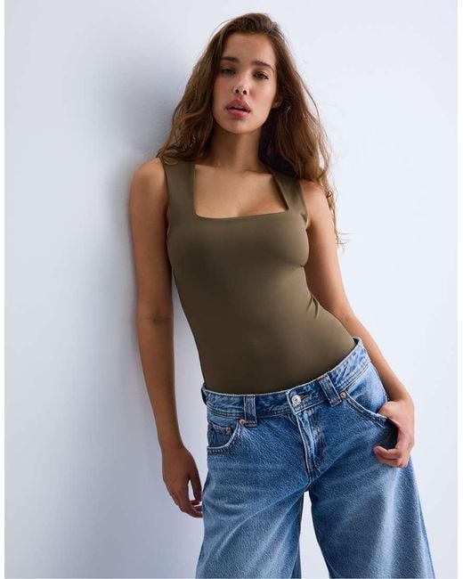 Stradivarius Blue Polyamide Bodysuit With Square Neckline