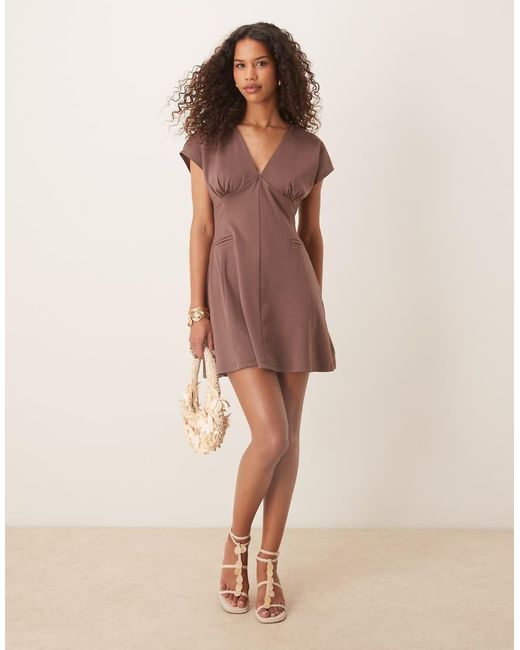 ASOS Natural Short Sleeve Plunge Seam Detail Mini Dress