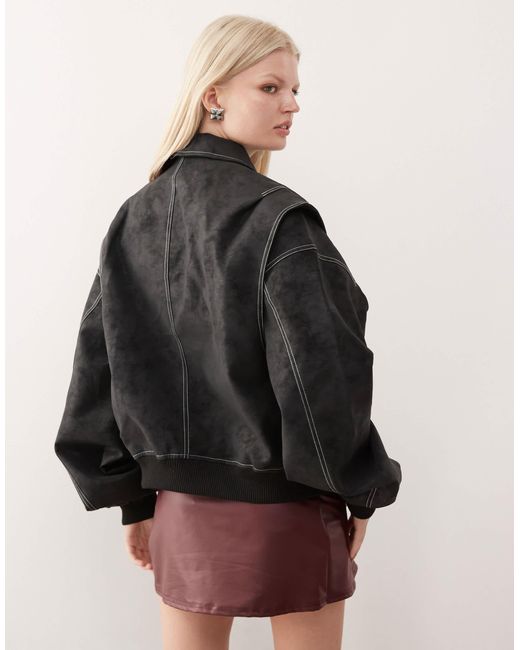 Lioness Black Vista Leather Look Contrast Stitch Bomber Jacket