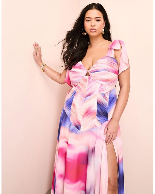 Curve - robe longue en mousseline à imprimé tie-dye avec épaules nouées ASOS en coloris Pink