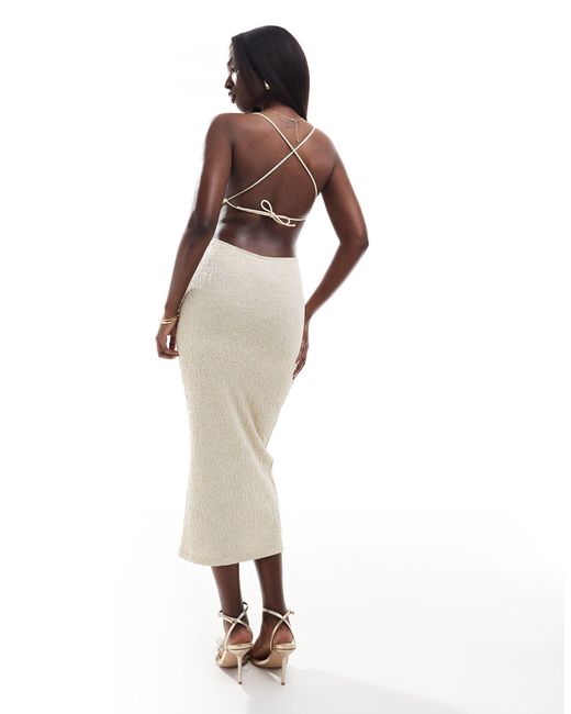 ASOS White Textured Square Neck Cami Midi Dress With Natural Trim Details