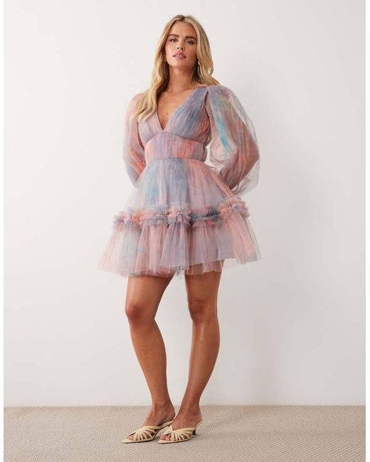 LACE & BEADS Multicolor V Neck Ruffle Skirt Mini Dress