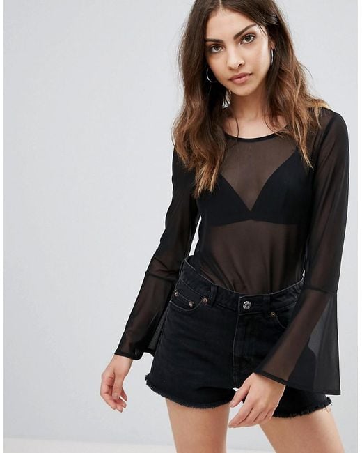 ONLY Black Mesh Bell Sleeve Top