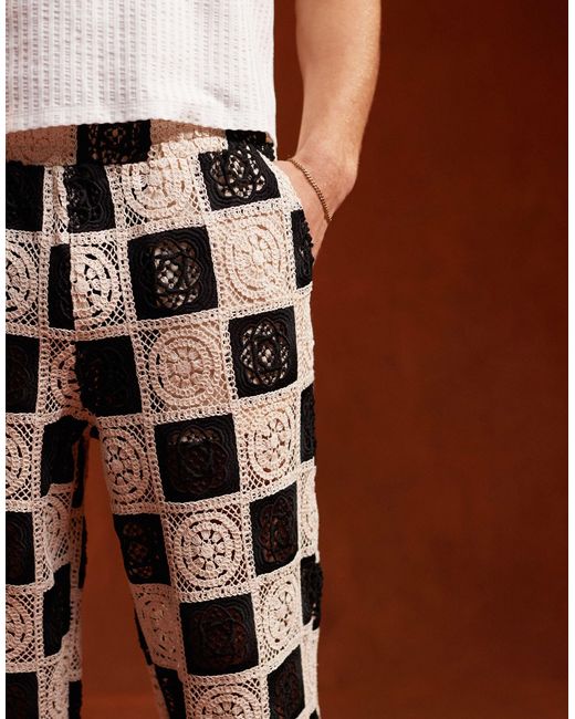 ASOS Brown Premium Crochet Textured Wide Beach Pants With Elastic Waist for men