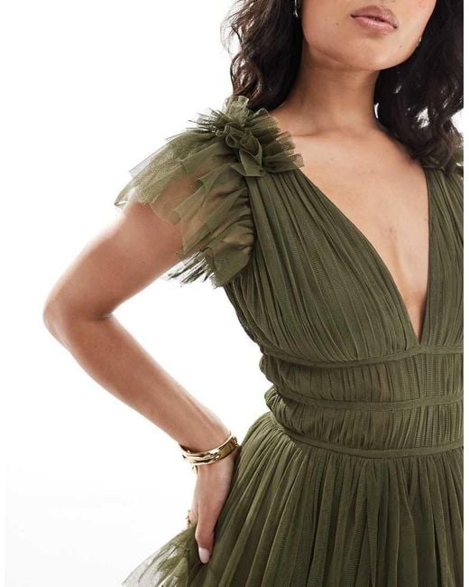 LACE & BEADS Green Bridesmaid Ruffle Tiered Tulle Maxi Dress