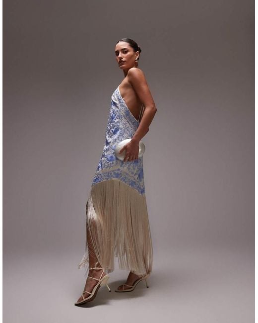 Mango Brown Embroidered Satin Scarf Dress With Fringe Hem
