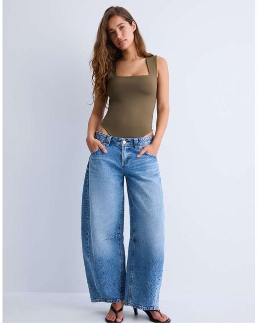 Stradivarius Blue Polyamide Bodysuit With Square Neckline