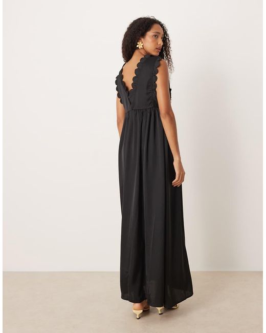 Y.A.S Black Plunge Front Scallop Edge Detail Satin Maxi Dress