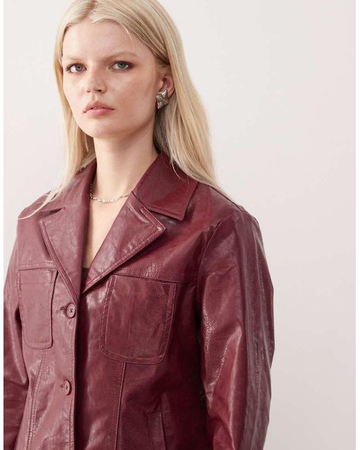Reclaimed Vintage Red Washed Leather Look Slimmer Fit Blazer