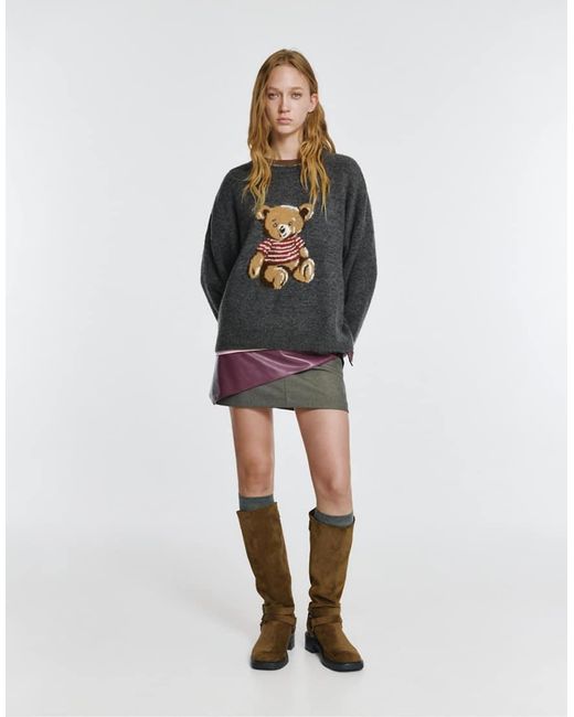 Pull&Bear Gray Bear Graphic Sweater