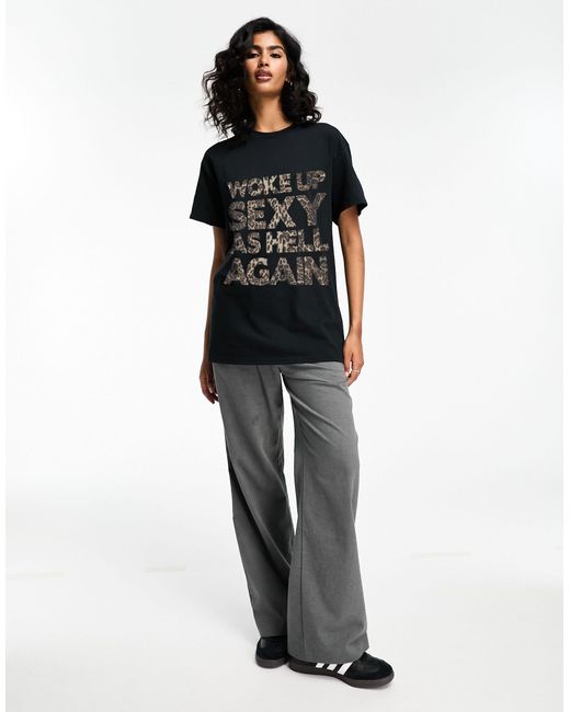 T-shirt oversize avec texte imprimé léopard « woke up sexy » - noir ASOS en coloris Black