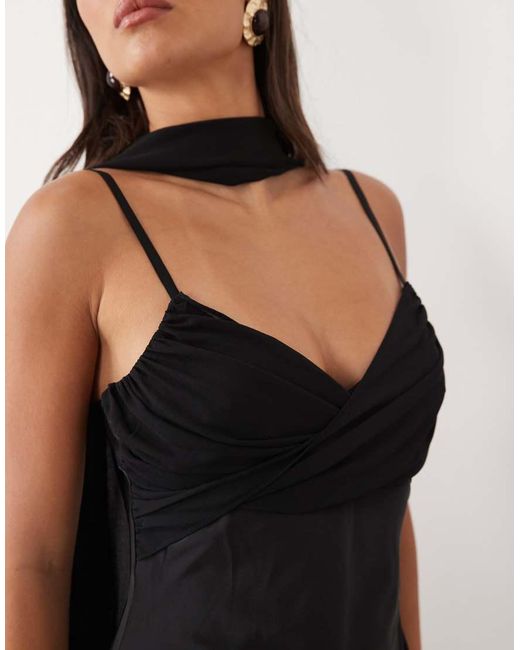 Kaiia Black Exclusive Satin Halterneck Scarf Detail Sheer Hem Maxi Dress