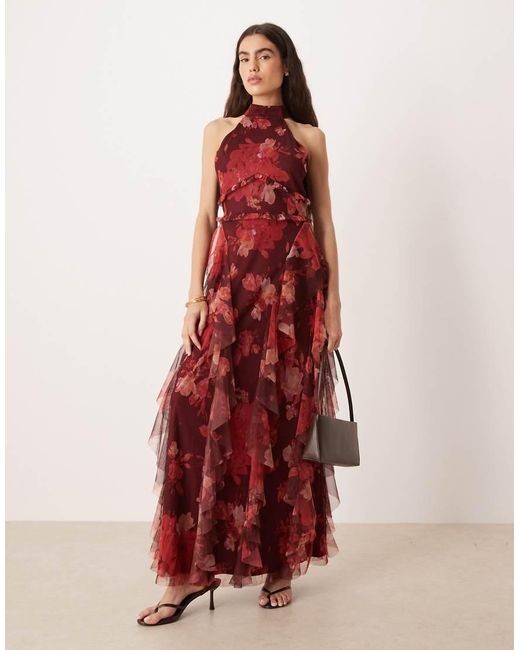 LACE & BEADS Red Halter Neck Ruffle Maxi Dress