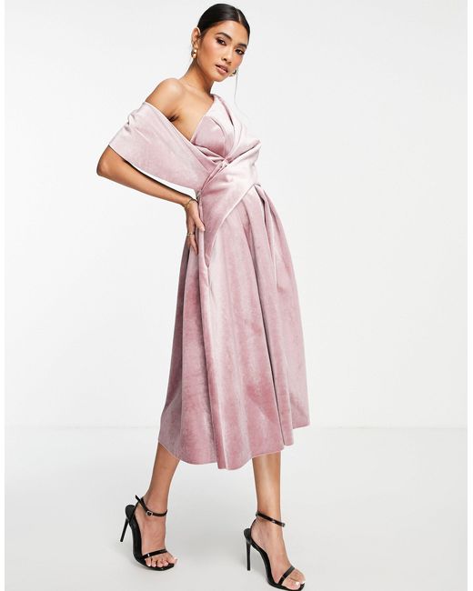 ASOS Velvet Bare Shoulder Prom Midi Dress in Green - Lyst