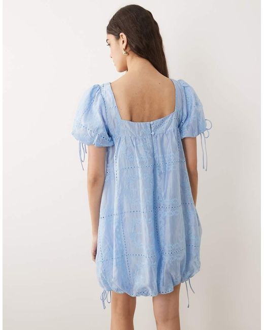 ASOS Blue Square Neck Bubble Mini Dress With Embroidery Detail