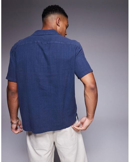 Abercrombie & Fitch Blue Short Sleeve Textured Linen Shirt for men
