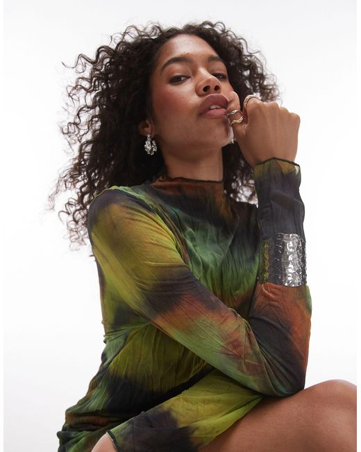 TOPSHOP Green – langärmliges, es minikleid mit knitterstruktur und grunge-muster