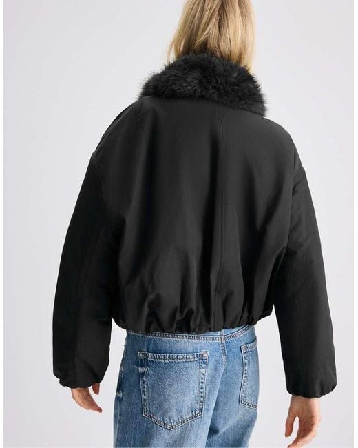 Stradivarius Blue Padded Shawl Neck Faux Fur Jacket