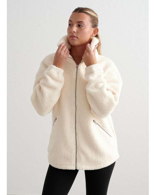 Aim'n Natural Almond Teddy Borg Funnel Neck Zip Through Jacket