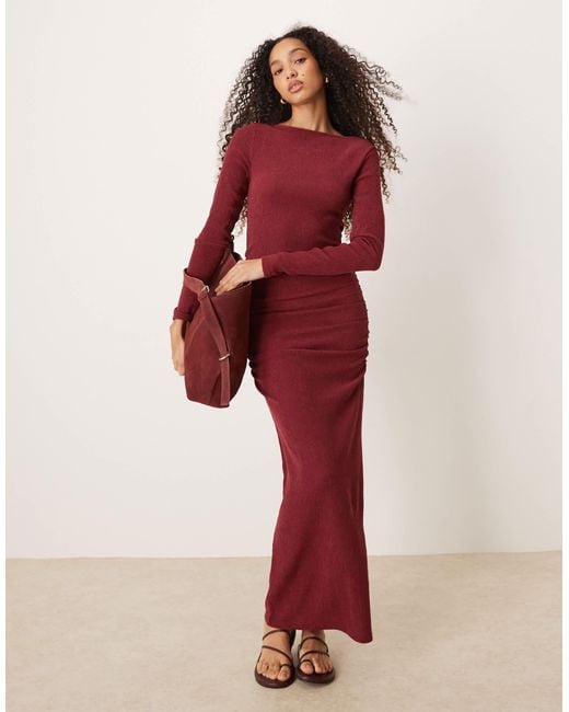 ASOS Slash Neck Long Sleeve Ruched Textu Midi Dress in Red | Lyst