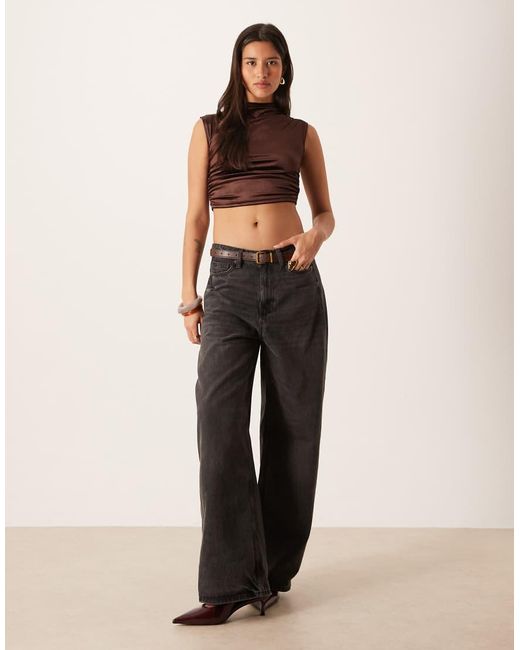 NARRATED Brown Ruched High Neck Crop Top