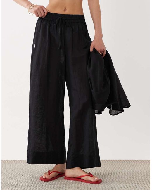 Polo Ralph Lauren Black Cotton Linen Smocked Pull On Pant Cover-Up