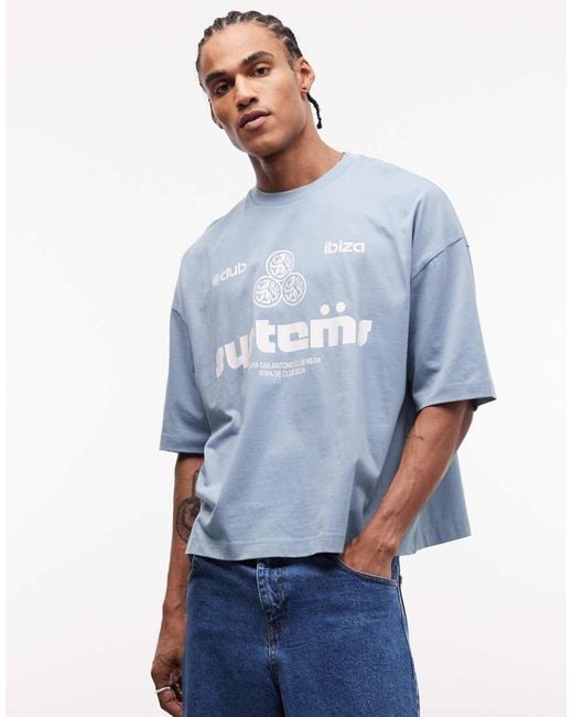 ASOS Blue Boxy Oversized T-Shirt With Sports Graphic for men