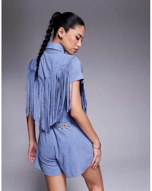 ASOS Blue – bestickter playsuit aus wildlederimitat
