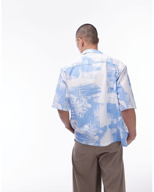 Topman Blue Short Sleeve Blurred Floral Seersucker Revere Shirt for men