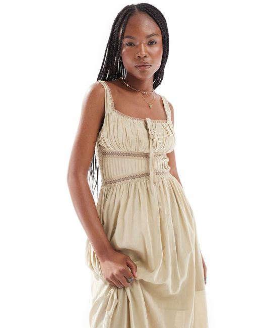 ASOS Natural Maxi Prairie Sundress With Lace Trim And Ruching Detail