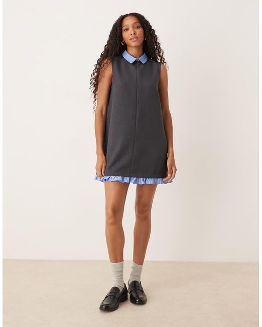 ASOS Gray Shift Mini Dress With Contrast Shirt Collar And Hem