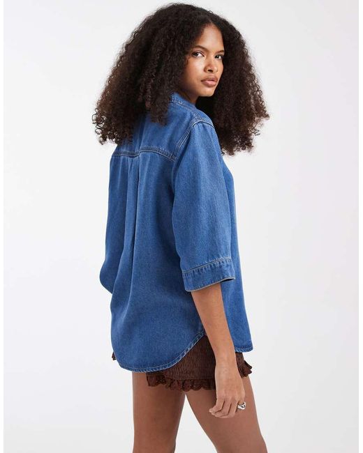 Object Blue Button Down 2/4 Sleeve Top