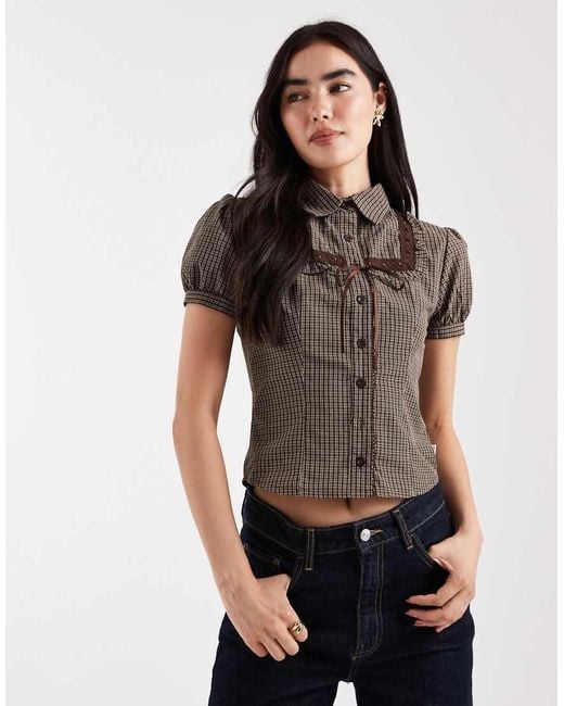 Daisy Street Brown Short Puff Sleeve Blouse With Ribbon Detail
