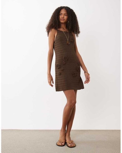 ASOS Brown Raffia 3D Crochet Flower Mini Dress