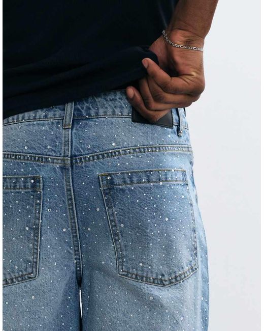 Liquor N Poker White All Over Rhinstone Denim Jorts for men