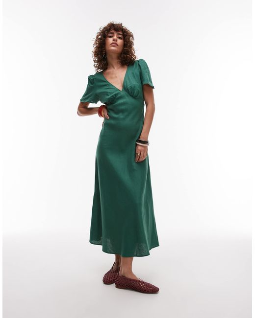 Mango Green Linen Mix Short Sleeve Midi Dress