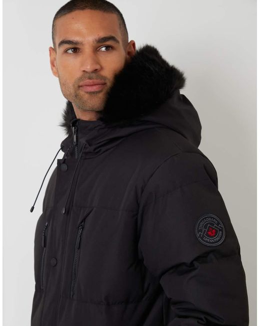 Threadbare Black Showerproof Longline Quilted Parka Jacket for men