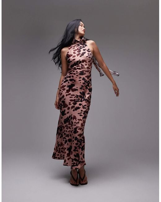 TOPSHOP Brown – ärmelloses satin-kleid mit blumenmuster, schleife am ausschnitt und schrägschnitt