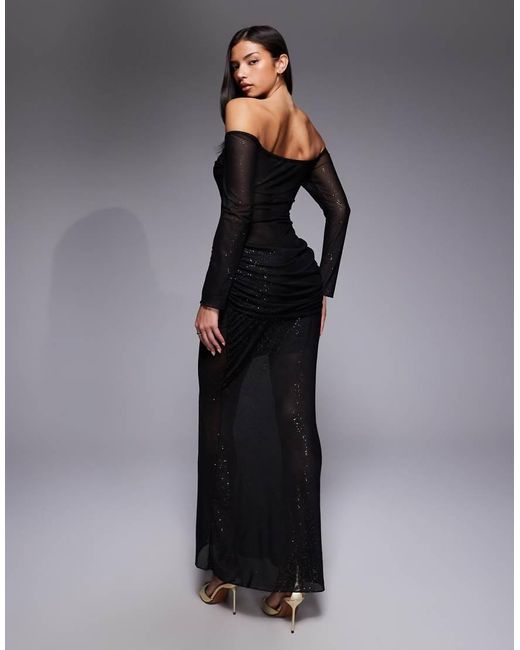 Fashionkilla Multicolor Glitter Mesh Long Sleeve Sheer Insert Ruched Detail Maxi Dress