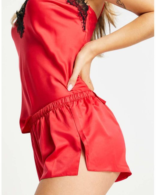 Ann Summers Red Cerise Lace Trim Satin Cami Short Set